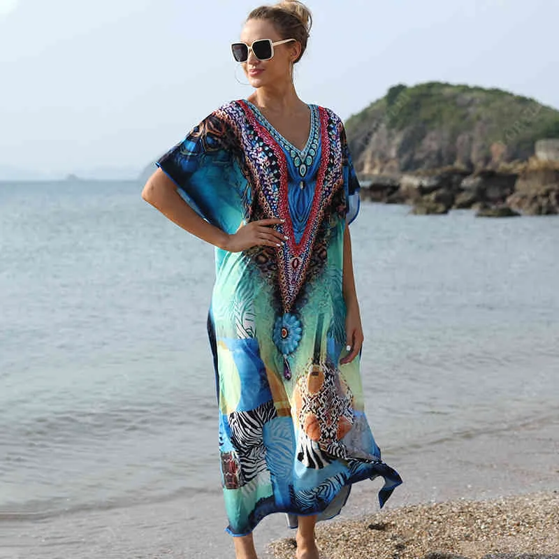 Bordado Poliéster Beach Kaftan Cobertura Up Dada de Praia Swimsuit Bikini Cover Tunics para PAREO SARONG WEAR Q1174 210420