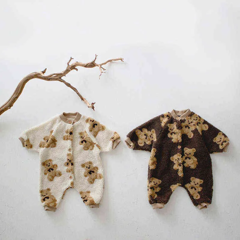 Winter Thicken Warm Baby Rompertjes Bear Print Peuter Jongens Jumpsuits Enkele Breasted Meisjes Kleding Fleece Out Suit 2111101