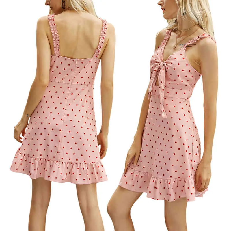 Kayotuas Vestido de mujer A-Line Polka Dot Print Summer Ruffles Deep V-cuello Hollow Out Bow Lace-Up Sweet Ladies Streetwear 210522