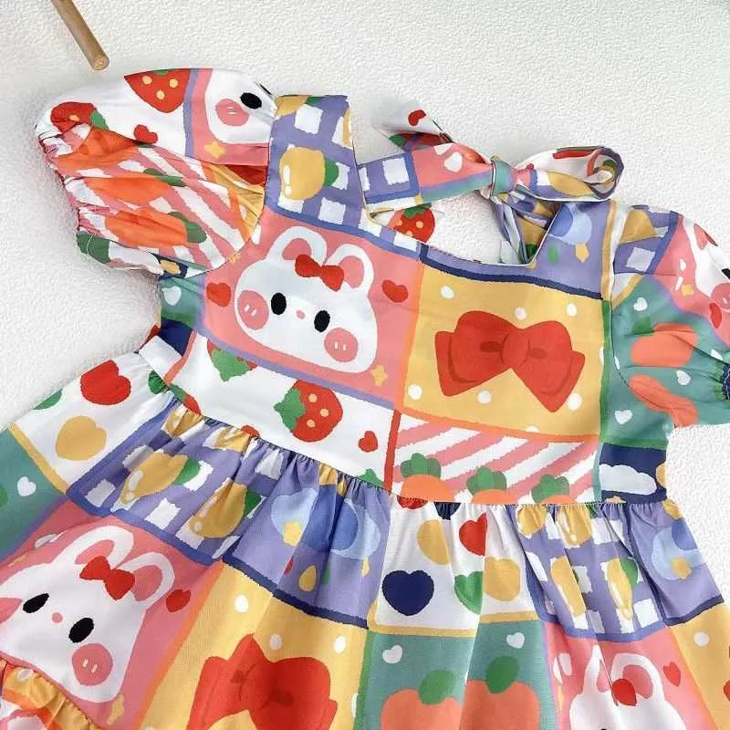 Tasarım Kızlar Elbise Sevimli Graffiti Bebek Kız Kısa Kollu Elbise Çocuk Yaz Giyim Güzel Stil Elbise Için 2-6Year 210715