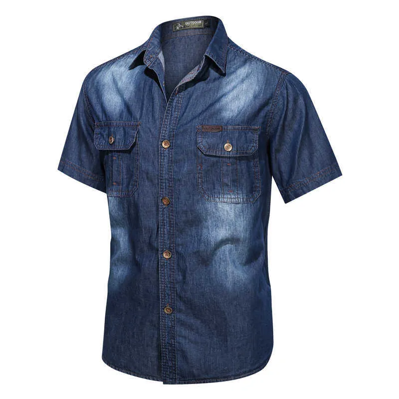 Light Blue Men's Denim Shirts Short Sleeve Thin Cotton Slim Elastic Jeans Summer High Quality Pockets Shirt 210721