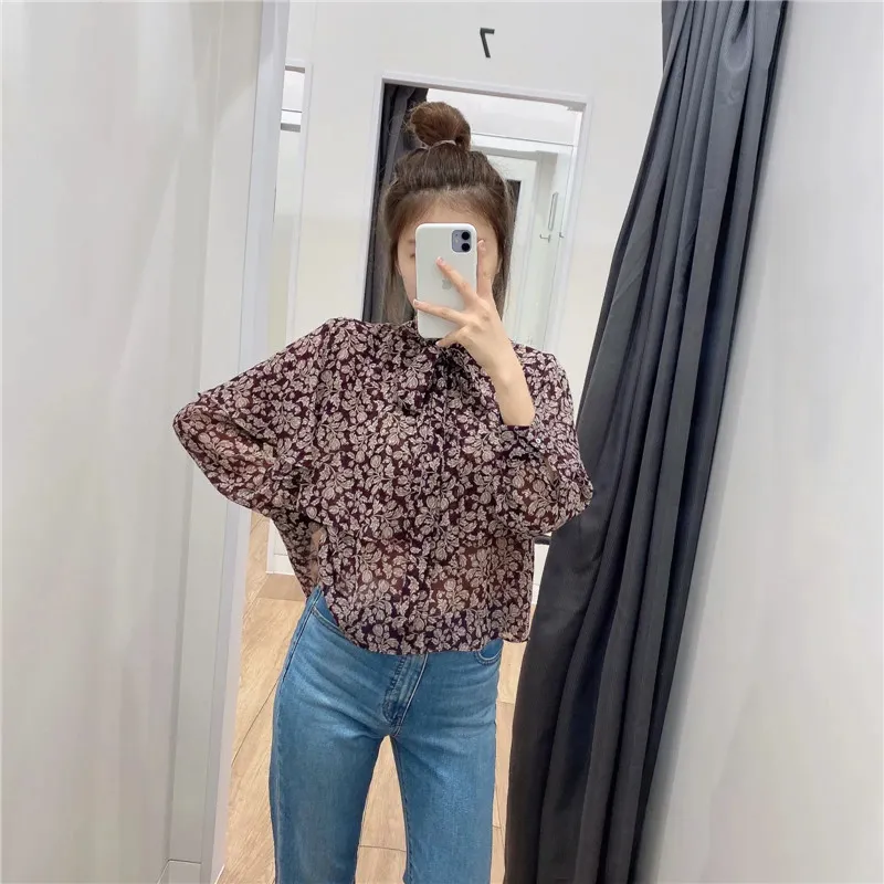 Vintage gedrukte chiffon blouse vrouwen top vrouw mode hoge hals boog gebonden lange mouw gelaagde ruche casual dames 210519