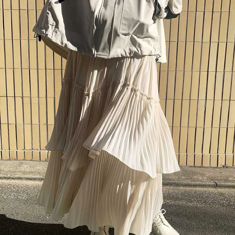 桑田日本の甘い気味のオフィスの女性ファルダス帝国の固体フリル中央子スカート春の夏の女性の底210708