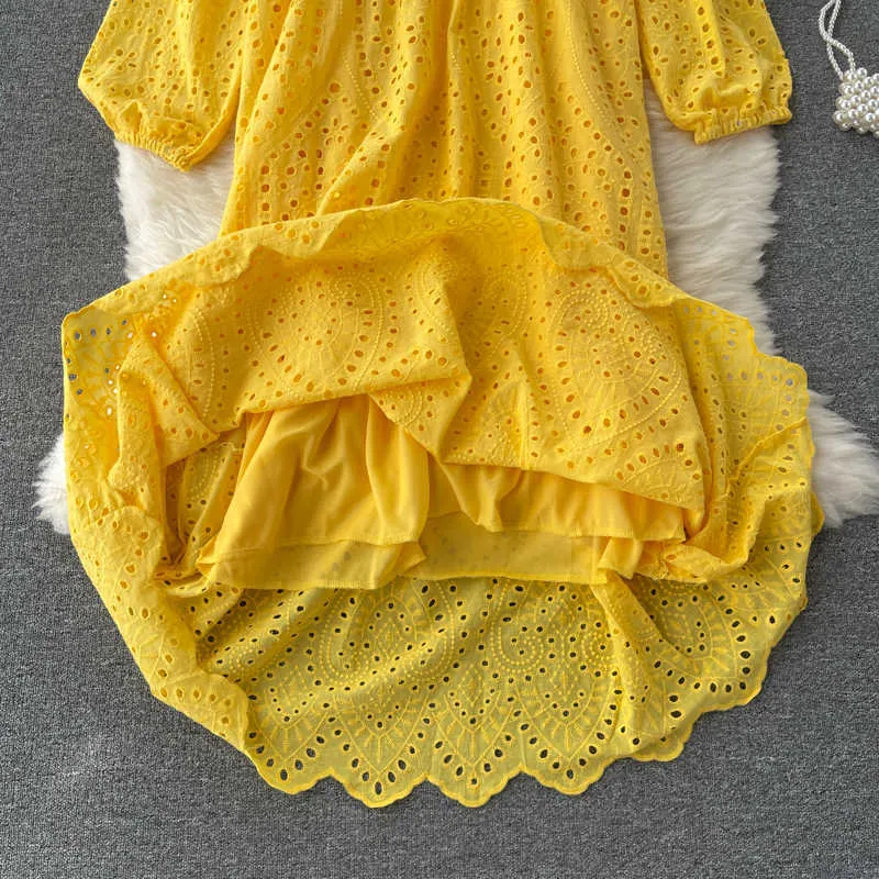 Vintage jaune/violet/bleu évider robe mi-longue femmes décontracté bouffée à manches longues lâche brodé Vestidos femme printemps automne Y0603