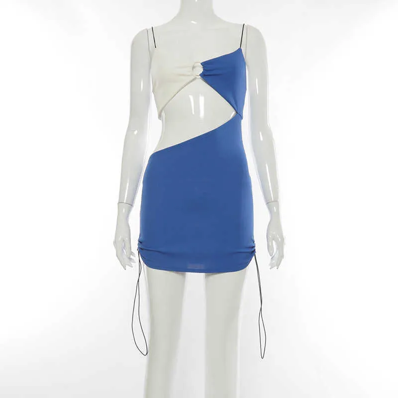Boofeenaa DrawStringカットアウトストラップミニボディコンドレス夏のセクシーなクラブウエア女性衣装2021フェスティバル服C85-BF15 Y0603