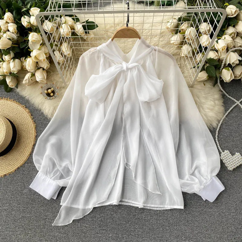 Singreiny Vrouwen Koreaanse Zoete Blouse Elegante Bow Collar Puff Sleeve Office Blouses Autumn Casual Losse Mode Streetwear Tops 210419