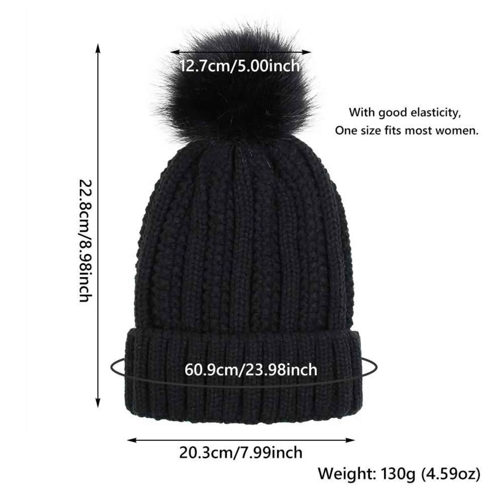 Winter Beanie Hat for Women Satin Lined Faux Fur Pom Hats Women's Warm Thick Knit Skull Cap Y21111