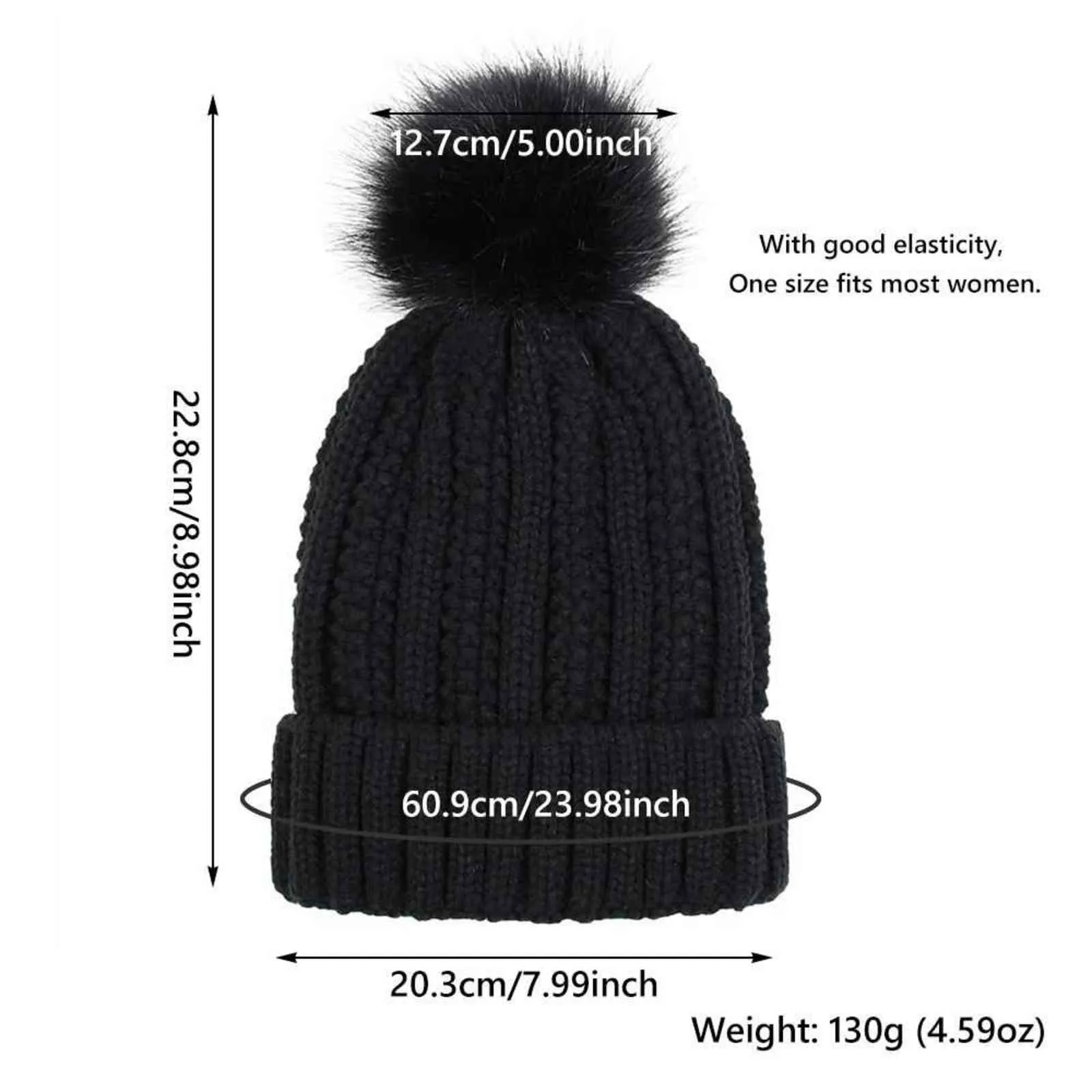 Fashion Stretchy Satin Lined Soft Winter Beanie Hat Knit Hats Faux Fur Pom Hat Beanie Hat for Women Y21111