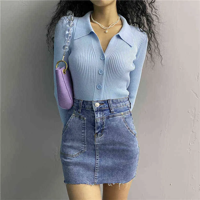 Coréia Retro Sweater Tops Outono Single-Breasted Polo Collar Malha Camisas Femininas Manga Longa Listrada Colheita Sólida Top Branco 211103