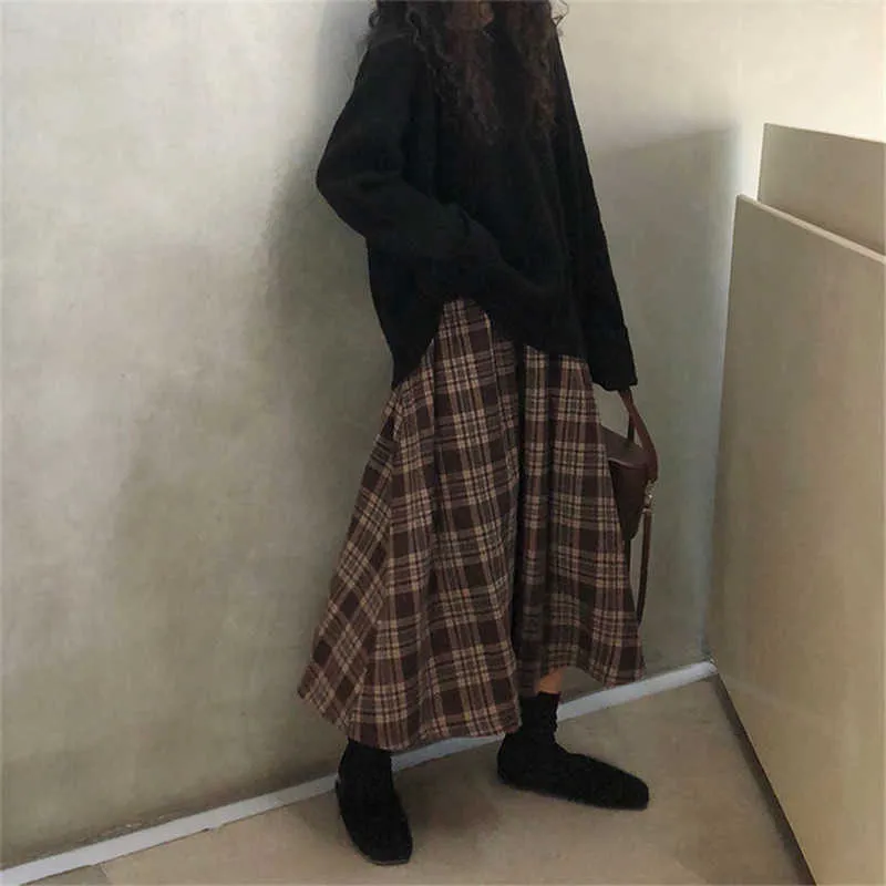 Japanse harajuku herfst winter vrouwen midi rok hoge taille plaid vrouwelijke saias koreaanse ulzzang streetwear elegante lange rokken 210629
