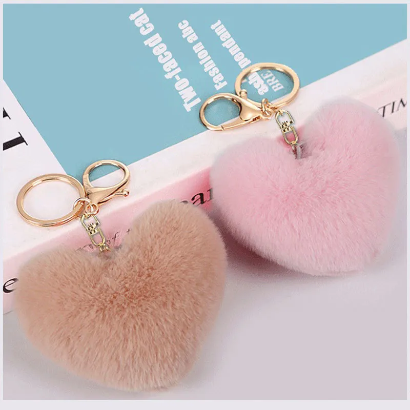 Plush Heart-Shaped Mobile Phone Chain Soft Artificial Rex Rabbit Hair Ball Car Key Ring Ladies Bag Pendant Jewelry