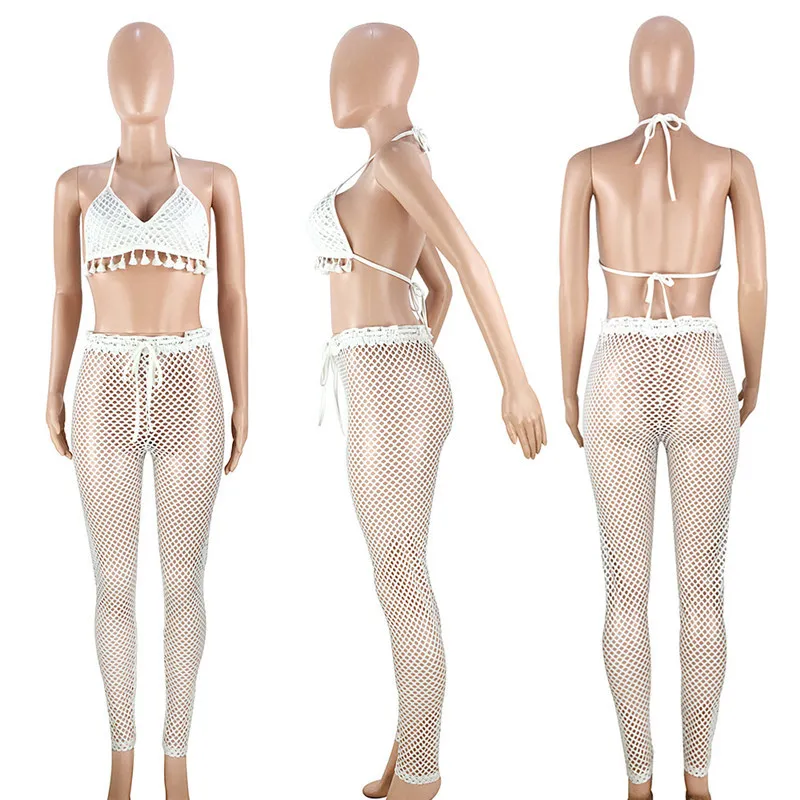 Set da due pezzi sexy lavorato a maglia all'uncinetto Summer Women Scava fuori Halter Backless Nappa Crop Top + Pantaloni trasparenti Abiti da beach club X0428