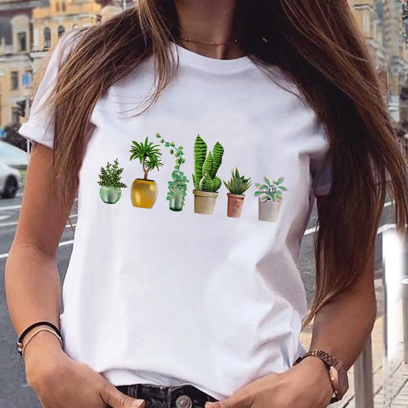 Kvinnor grafisk växt blommig söt söt 2021 mode vår sommar estetisk utskrift kvinnlig kläder toppar T-shirt T-tröja x0527