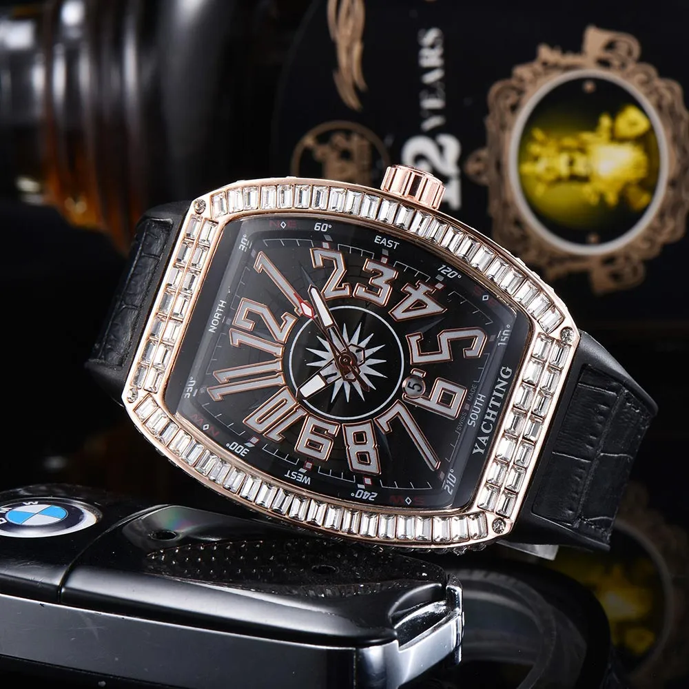 Högkvalitativ Iced Out Mens Watches Quartz Movement Diamond Case Watch Men Collection V45 Rubber Strap Rose Gold Casual Wristwatch 317C