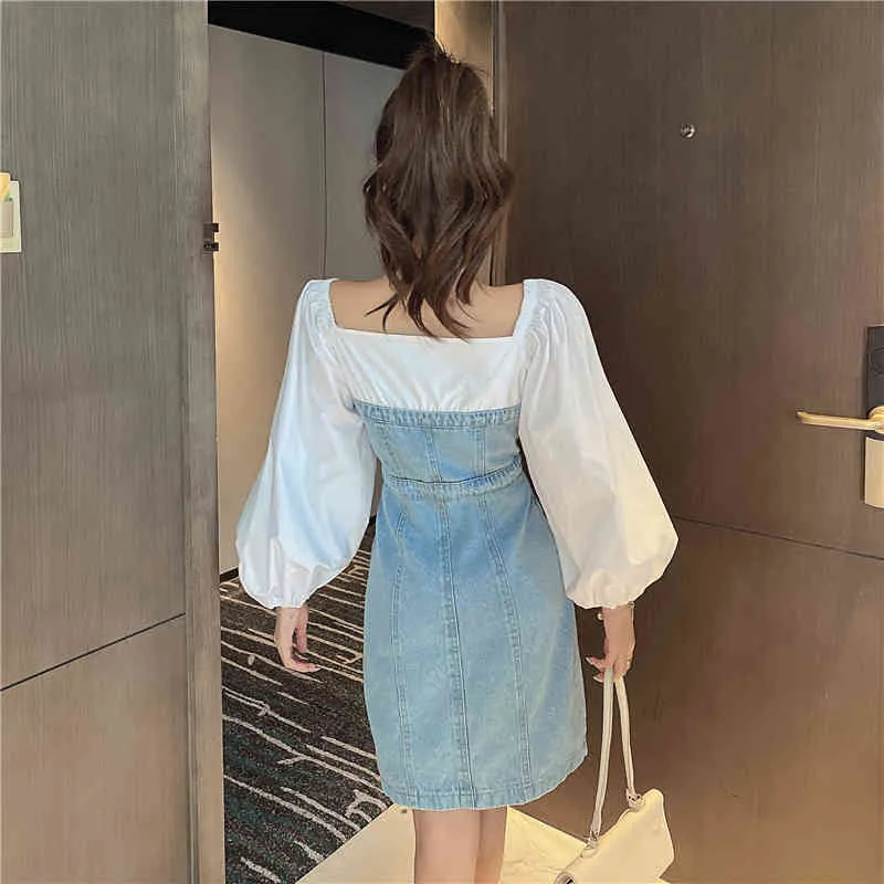 Vintage elegante vrouw lente zomer denim patchwork single-breasted lantern mouw hoge taille vierkante kraag een lijn jurken 210514