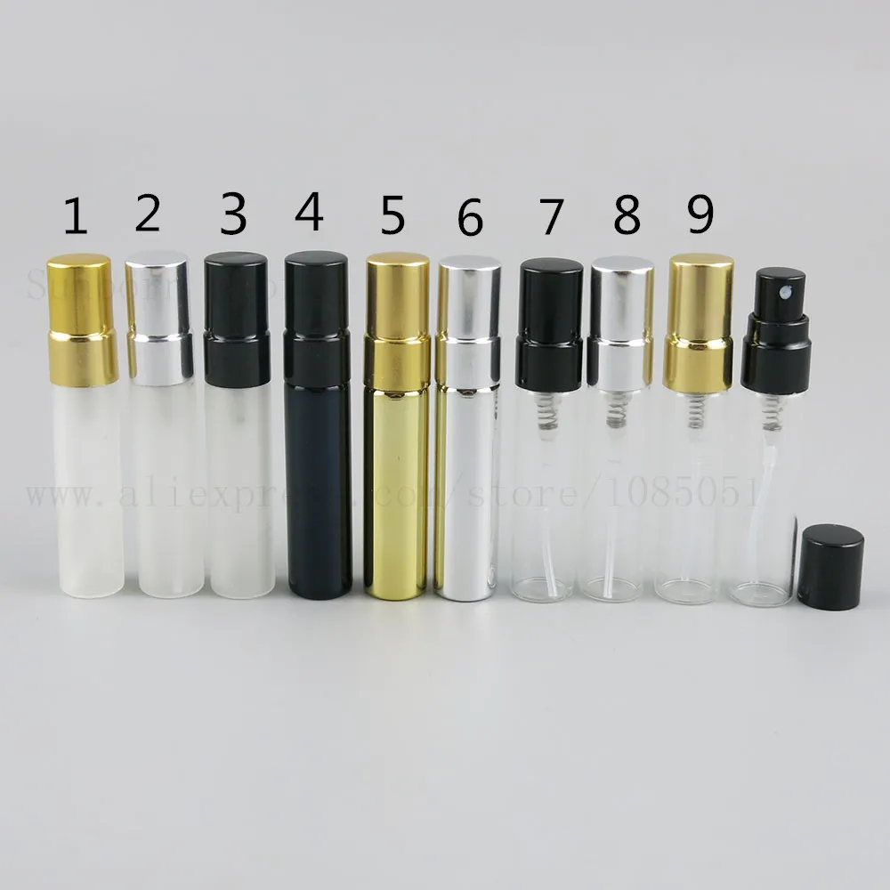 500 sztuk / partia Hurtownie 5ml Mini Przenośna Podróż Wyczyść Frost Gold Black Perfumy Atomizer Butelka Próbki Opryskiwacz Pojemnik