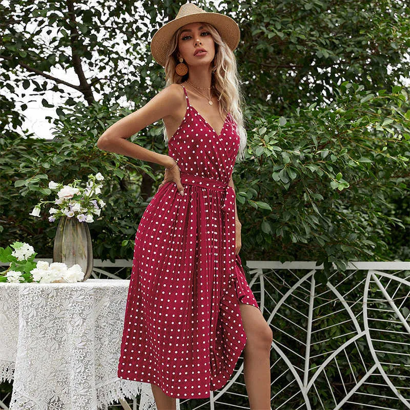 Polka Dot Sexy Summer Beach Dress Femmes Spaghetti Strap Col En V Ceintures Moyennes Robes Longues Sans Manches Vaction Vacances Robe 210625