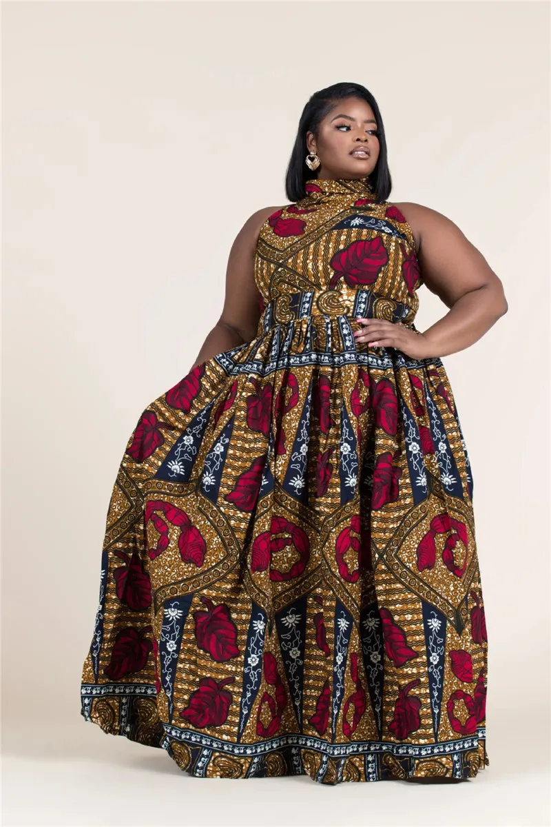 ISAROSE Fashion Halter Dress Plus Size Lace Up Long Dresses Party Wearing African Print Turtleneck Sleeveless Zipper Dress Robe 210422