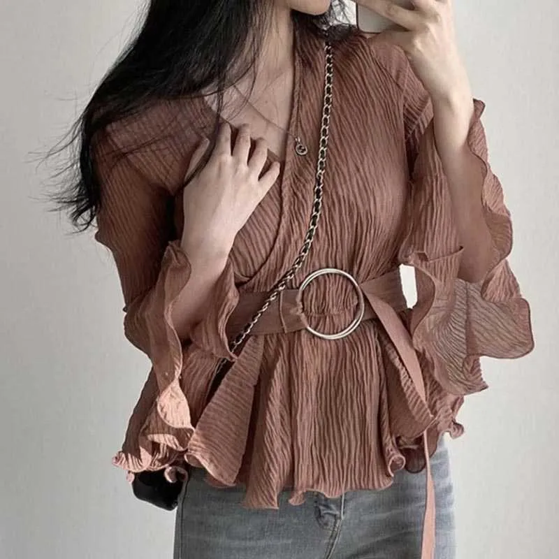 Korejpaa Women Shirt Summer Korean Chic V-Neck Cross Buckle Lace-Up Waist Micro-Permeable Pleated Ruffled Sleeve Blouses 210526