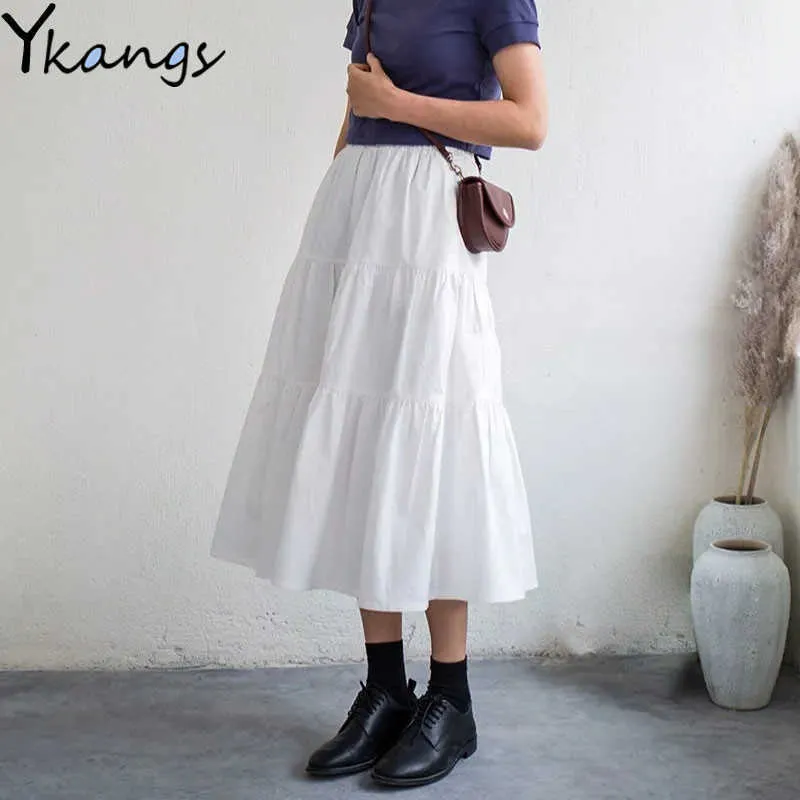 Summer cotton Midi Plaid skirt Black White Spring Women Long pleated skirt Female Students Elastic High Waist Streetwear 210619