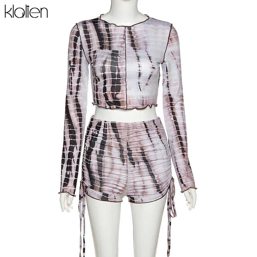 KLALIEN Fashion Casual Streetwear T-shirt a maniche lunghe e pantaloncini con coulisse 2 pezzi Set donna Slim Tie Dye Sport Suit 210707