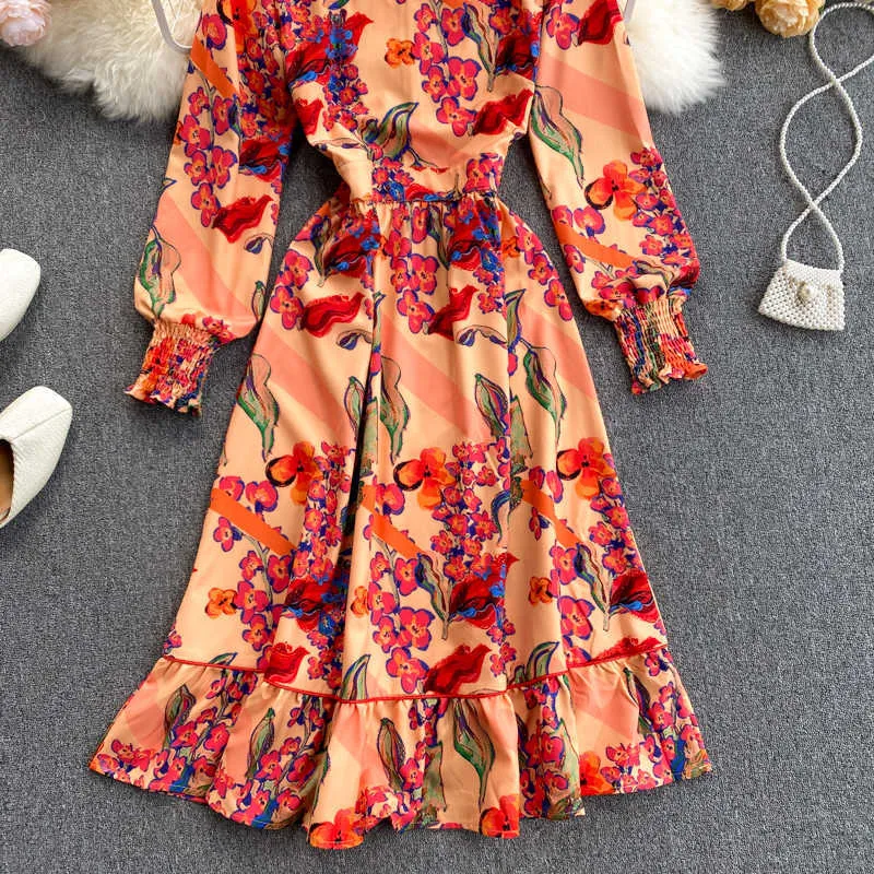 Ly Varey Lin Speing Autumn Puff Sleeve Peter Pan Collar Mid Calf Hoge Taille Casual Print Een lijn Jurk Dames Jurken 210526