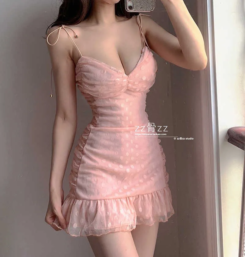 WOMENGAGA Summer Pink Tops High Waist Lady Sweet Dot Ruffle Mesh Point Lace V Neck Sexy Tank Mini Dress Dresses S2NL 210603