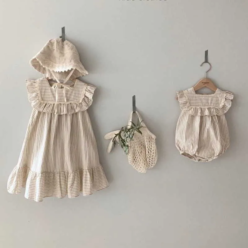 Sommer-Familien-Matching-Sets, gestreift, ärmellos, Spitze, Rüschen, Body + Kleid, Schwester passt zu Outfits E1536 210610