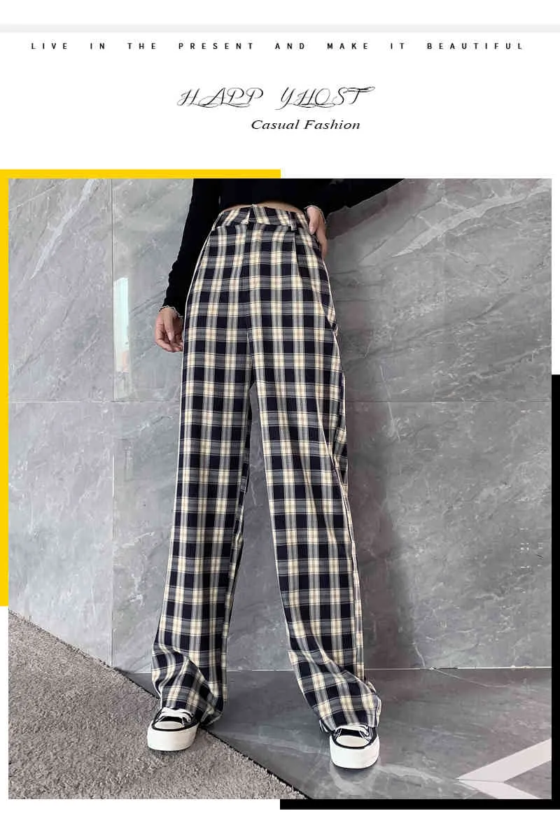 Vintage elegante a cuadros mujer Casual pantalones largos calle moda coreana alta cintura recta pierna ancha pantalón 210519