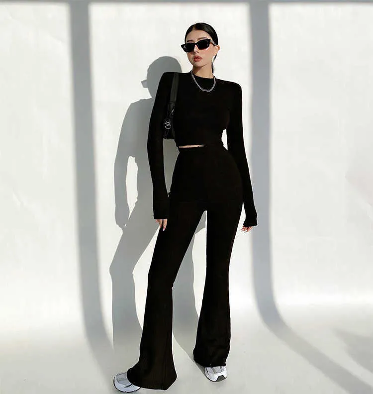 Kvinnor High Neck Ribbed Crop Top och Stretch Waist Flare Rroousers Co-Ord Koreanska Sweater Toppar + Byxor Set QW54 210603