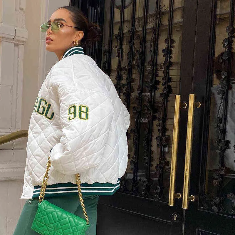 Y2K Zielony Drukuj Moda Baseball Bomber Płaszcz Jesień Zimowy Zimowy Patchwork Kurtka Varsity Kobiety Casual White 211029