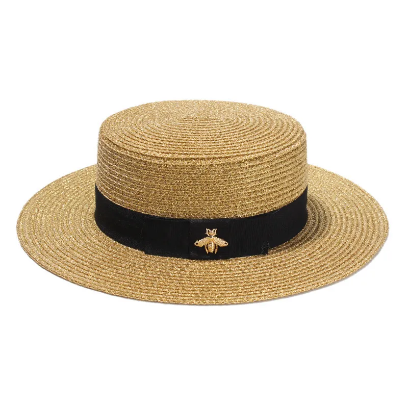 القبعة ذات الحواف المنسوجة على نطاق واسع من الذهب المعدني النحل الواسع القش كاب الوالدين والطفل مسطح القصة المنسوجة القش القبعة 259R