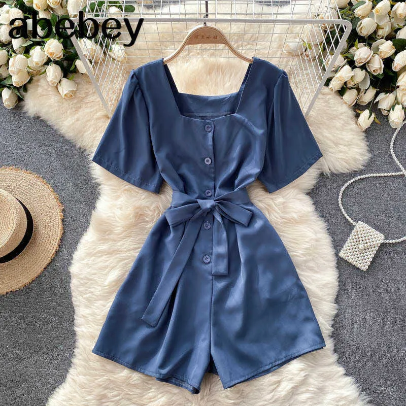 Design Tieb barwnik Kobiety Jumpsuits Korean Retro Puff Sleeve V Szyja Rompers Summer Casual Holiday szeroka noga krótka rompers 210715