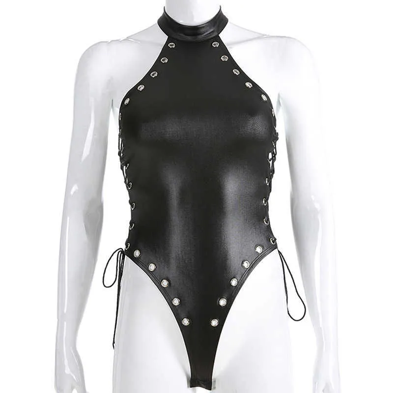 2020 Body Body in pelle Sexy Women Body in metallo Suit Backless Tuta Tuta Pagliaccetti femminili Siamese Combinaison Body Femme Y0927