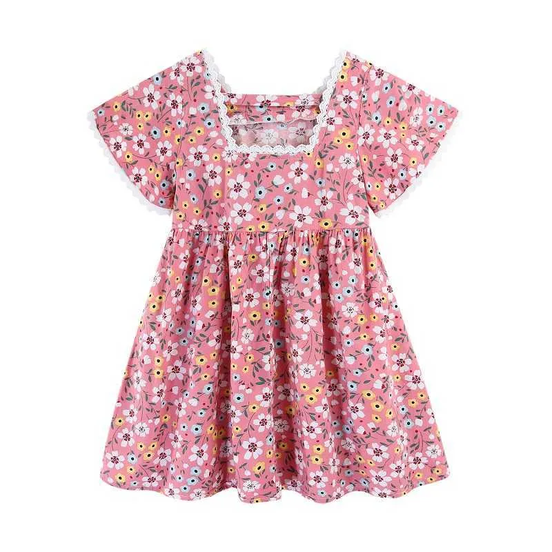 Mudkingdom Summer Flutter Sleeve Floral Girl Vintage Dress Square Neck Lace for Girls Short Dresses Toddler Party Clothes 210615