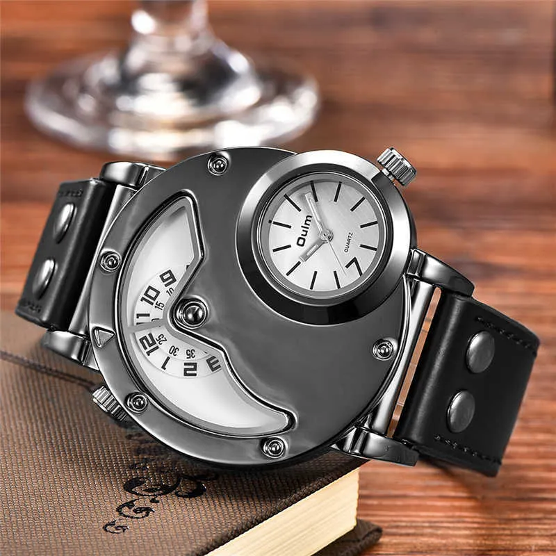 OULM 9591 спортивные часы два часовых пояса мужские часы натуральная кожаный ремешок наручные часы человека уникальный стиль несколько часовых часов часы G1022