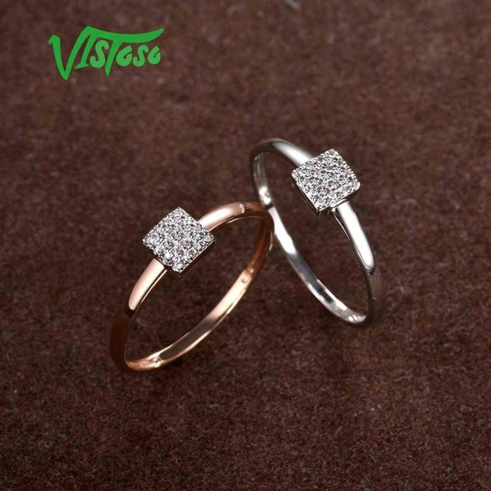 Vistoso Pure 14k 585 Rose White Gold Sparkling Diamond Delicate Square Ring for Women Jubileum Engagement Trendiga fina smycken 24407938