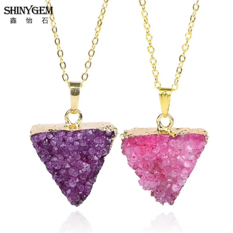 Shinygem 2021 Natural Handpurple Pink Druzy Pandant Collane Dichiarazione di placcatura in oro Triangolo Pyramid Stone Trendy Women207E