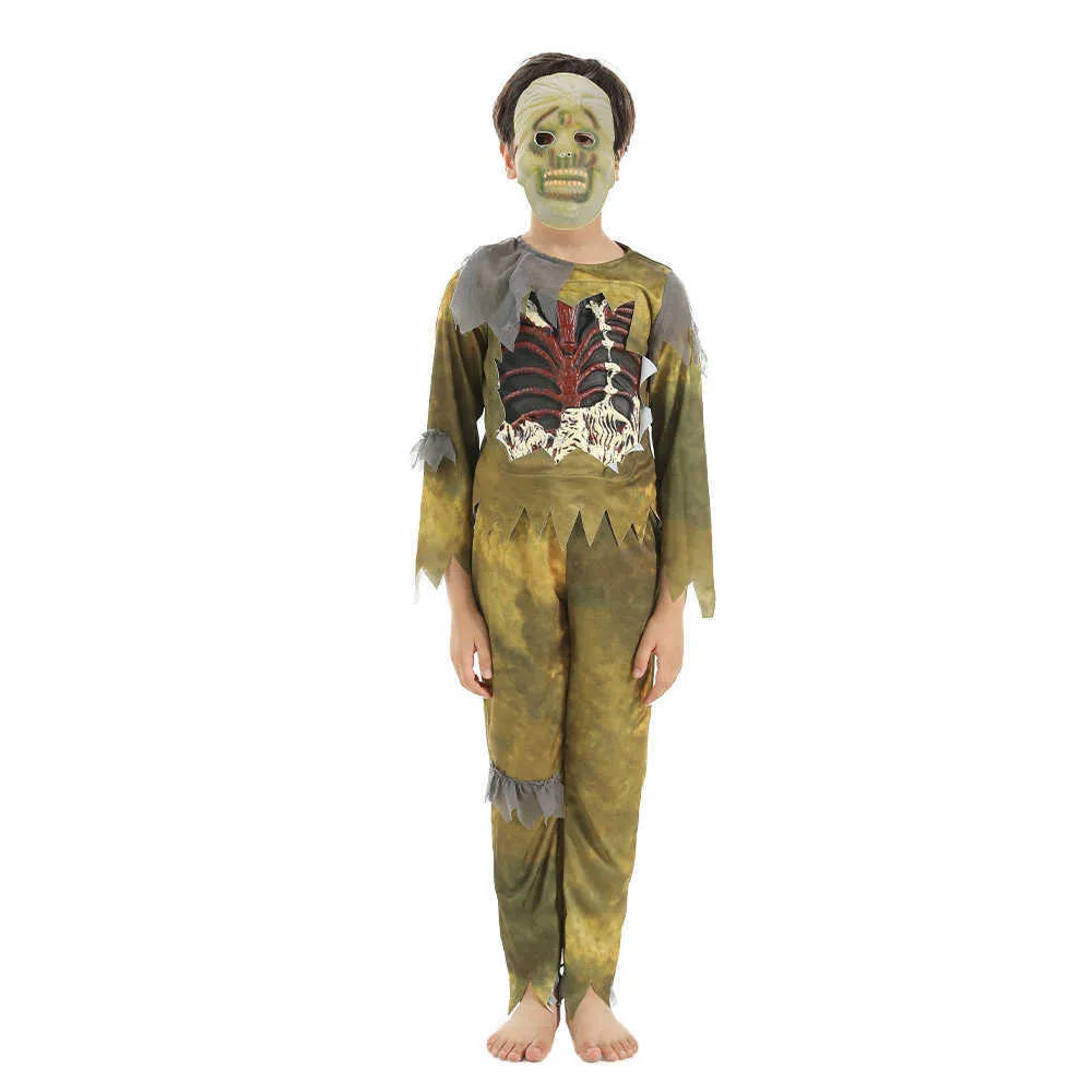 Eraspooky Scary Swamp Zombies Cosplay Boys Skeleton Shirts Halloween Costume For Kids Party Fancy Dress Skull Mask Q0910