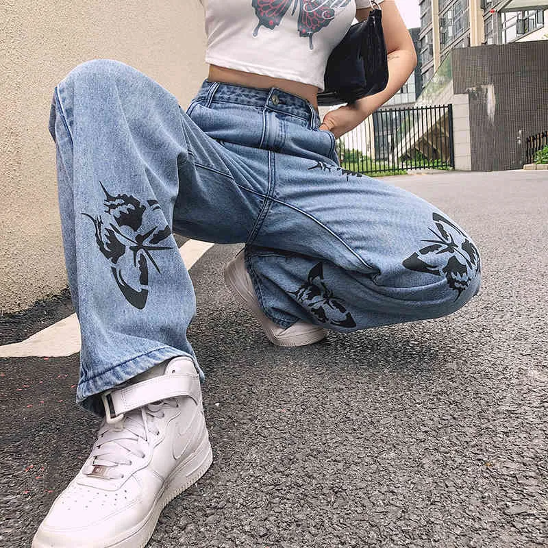 Pantalon en denim large droit imprimé papillon femmes baggy Y2K jeans pour filles mode féminine pantalon taille haute streetwear 210415