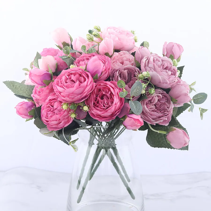 30 см розово -розовые шелковые пиони искусственные цветы Букет 5 Большой головы и 4 бутона дешевые фальшивые цветы для домашнего украшения свадьбы в помещении 309072558