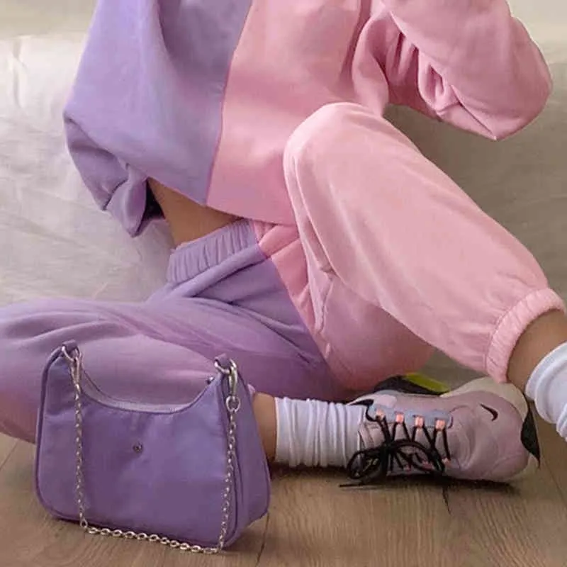 ストリートウェアの刺繍のパッチワークの高い腰ピンクの汗ジャガーの女性秋原宿紫色のY2Kパンツカーリス210510