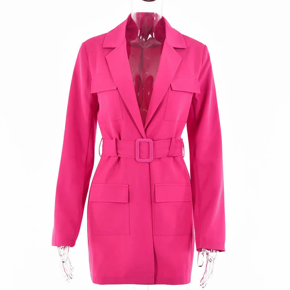 春のブレザーのドレスタランダウンカラーベルトコートカジュアルな女性ピンクの長袖ポケットジャケットシングルスーツ女性服211006