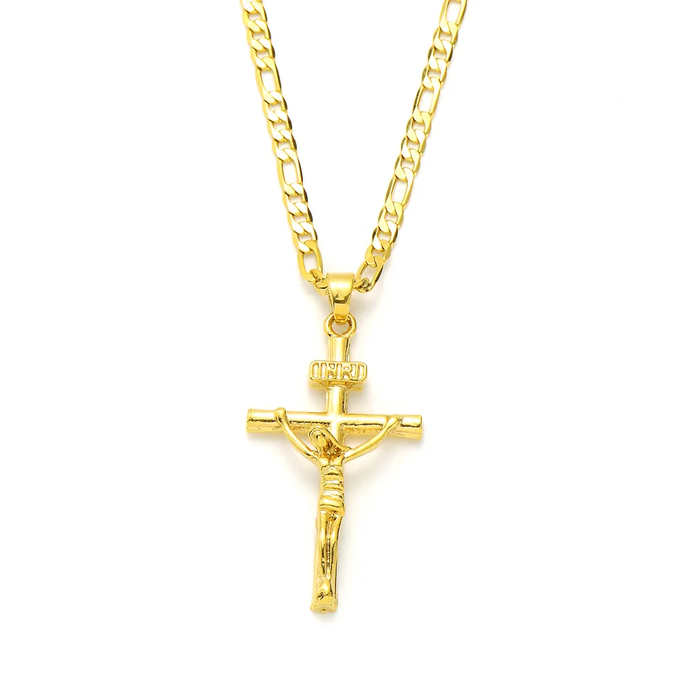 Italienische Inri Jesus Kruzifix Kreuz Anhänger Figaro Gliederkette Halskette 9 Karat Gelbgold GF 60 cm 3 mm Damen Herren318c