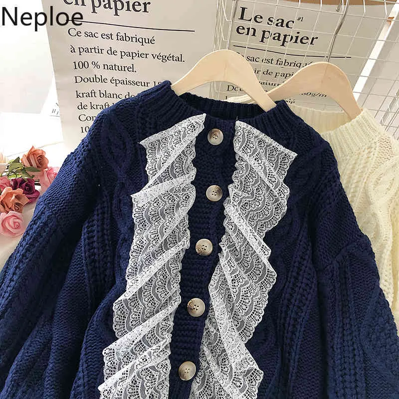 Nepoe Swetry dla kobiet Słodki Temperament Koronki Patchwork Knit Cardigan Chic Batwing Rękaw Krótka dzianina Płaszcz Pull Femme 210423