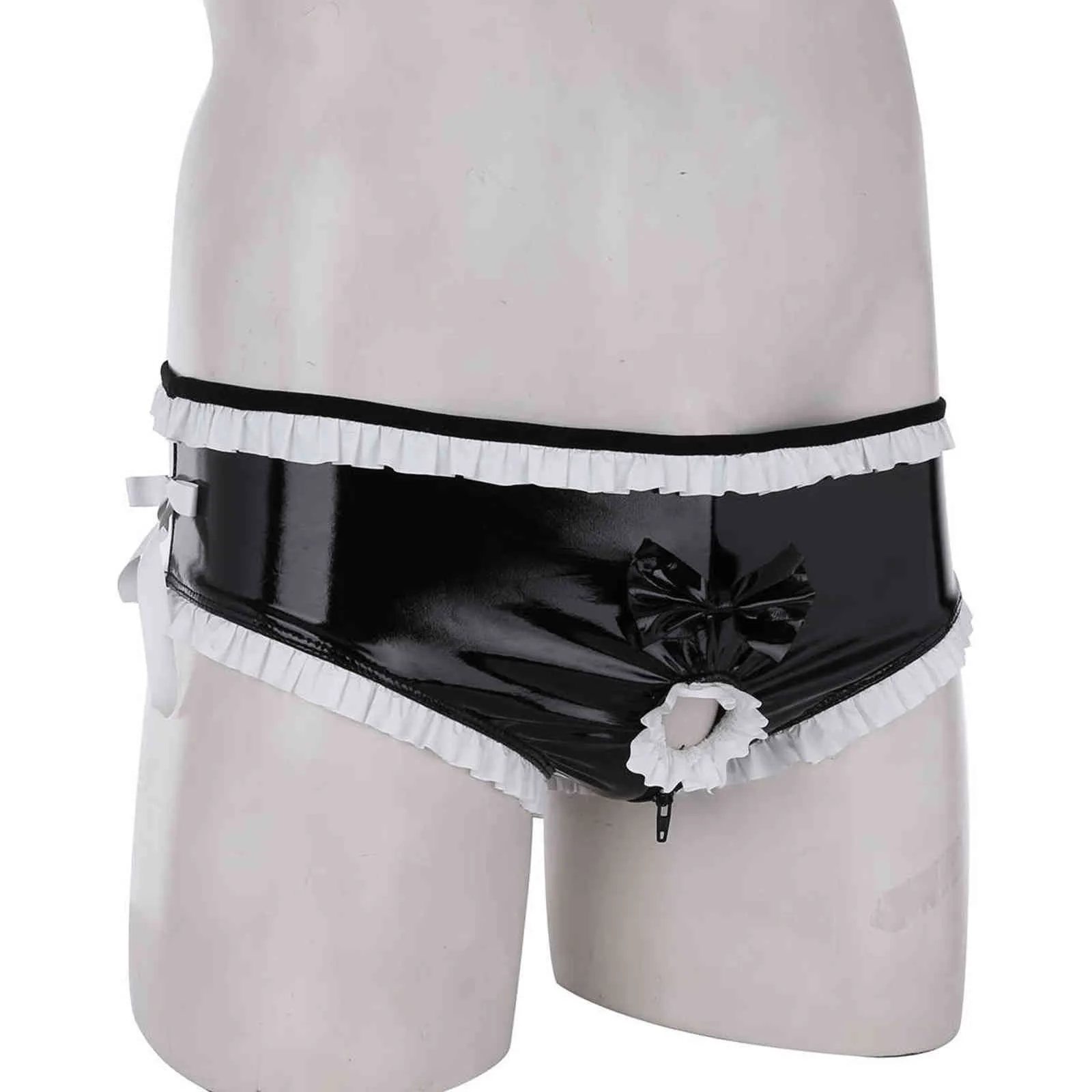 Iiniim Mens Sissy Bowknot Latex Lingerie Wetlook Cuir Ouvert Pénis Trou Bikini Slips Sous-Vêtements Gay Zipper Ouvert Entrejambe Culotte 211129