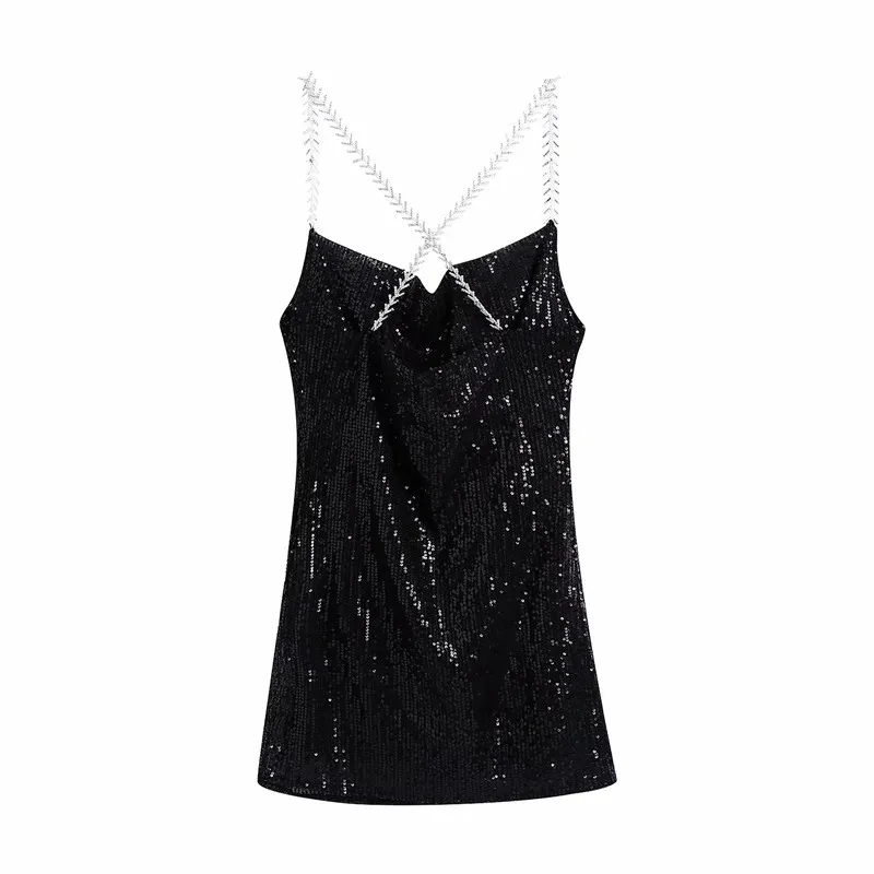 Abito da sera con paillettes nero Cinghie da donna Glitter Slip Mini Sexy Ladies senza maniche Night 210519