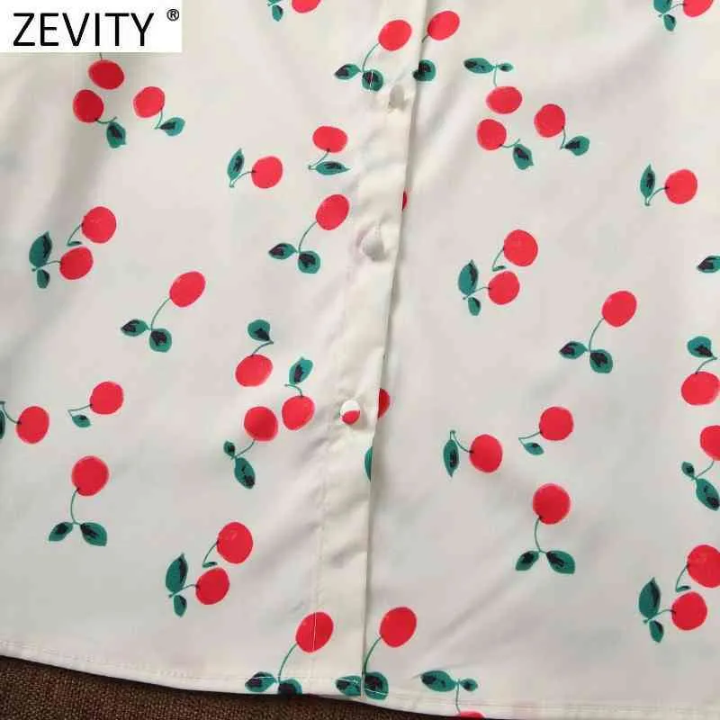 Vrouwen Sweet Cherry Print Casual Smock Blouse Office Dames Plooid Puff Sheeve Gespen Shirt Chique Blusas Tops LS9144 210420