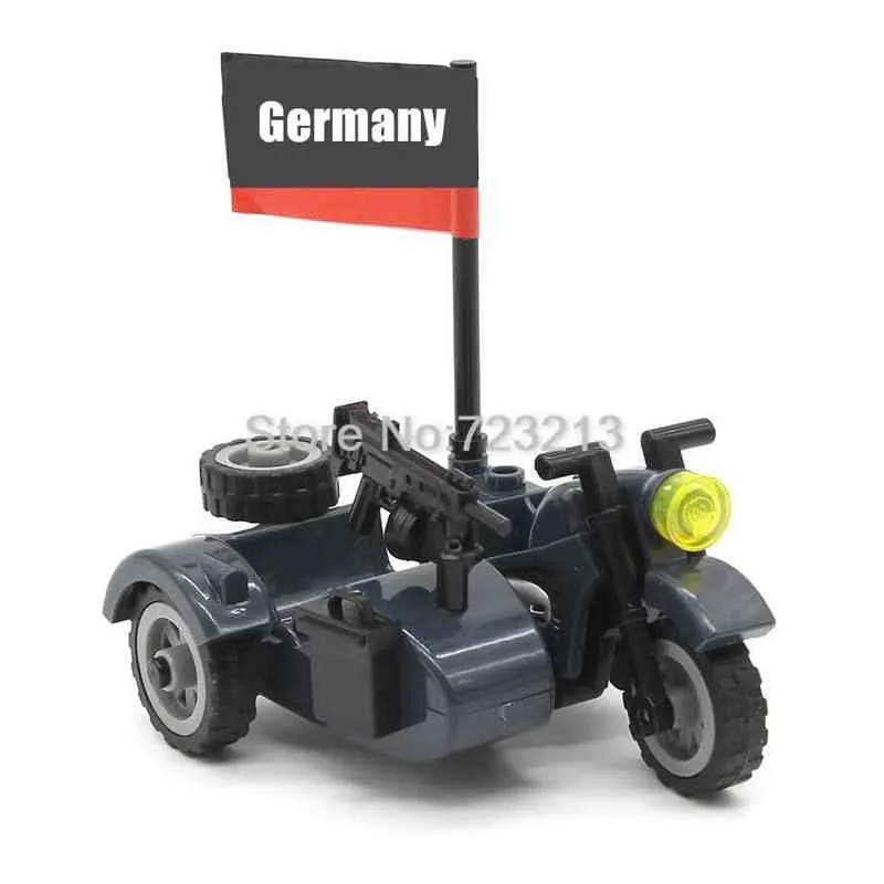 WW2 Militares Três Rodas Mocotcycle MOC Weapon Swat Peças de Carro Motor Motor Building Blocks Tijolo Brinquedo Y1130