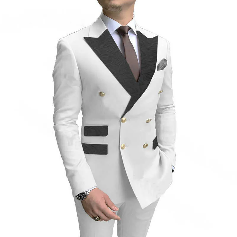 白い二重抽選の男性のスーツの花柄ピークラペルスリムフィット結婚式グルーミングタキシード2ピースオスファッションジャケットパンツx0909
